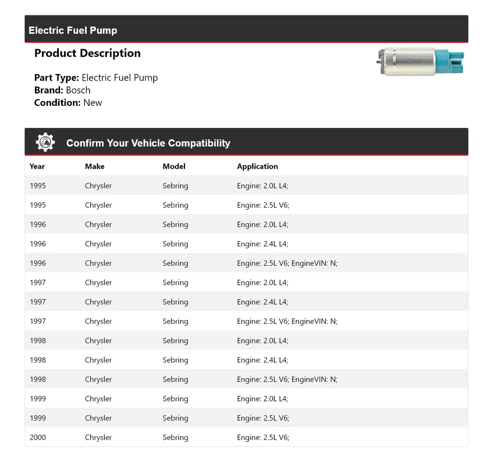 For 1995-2000 Chrysler Sebring Bosch Electric Fuel Pump 1996 1997 1998 1999 - Image 2 of 4
