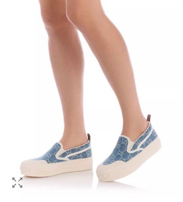 Gucci Women Delave GG Logo Platform Slip On Sneakers Denim Light Blue Eu 37 US 7
