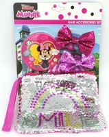 Disney Minnie Mouse Set Spiegel + Pailletten GeldböRse + 2 Schleifen - Offiziell
