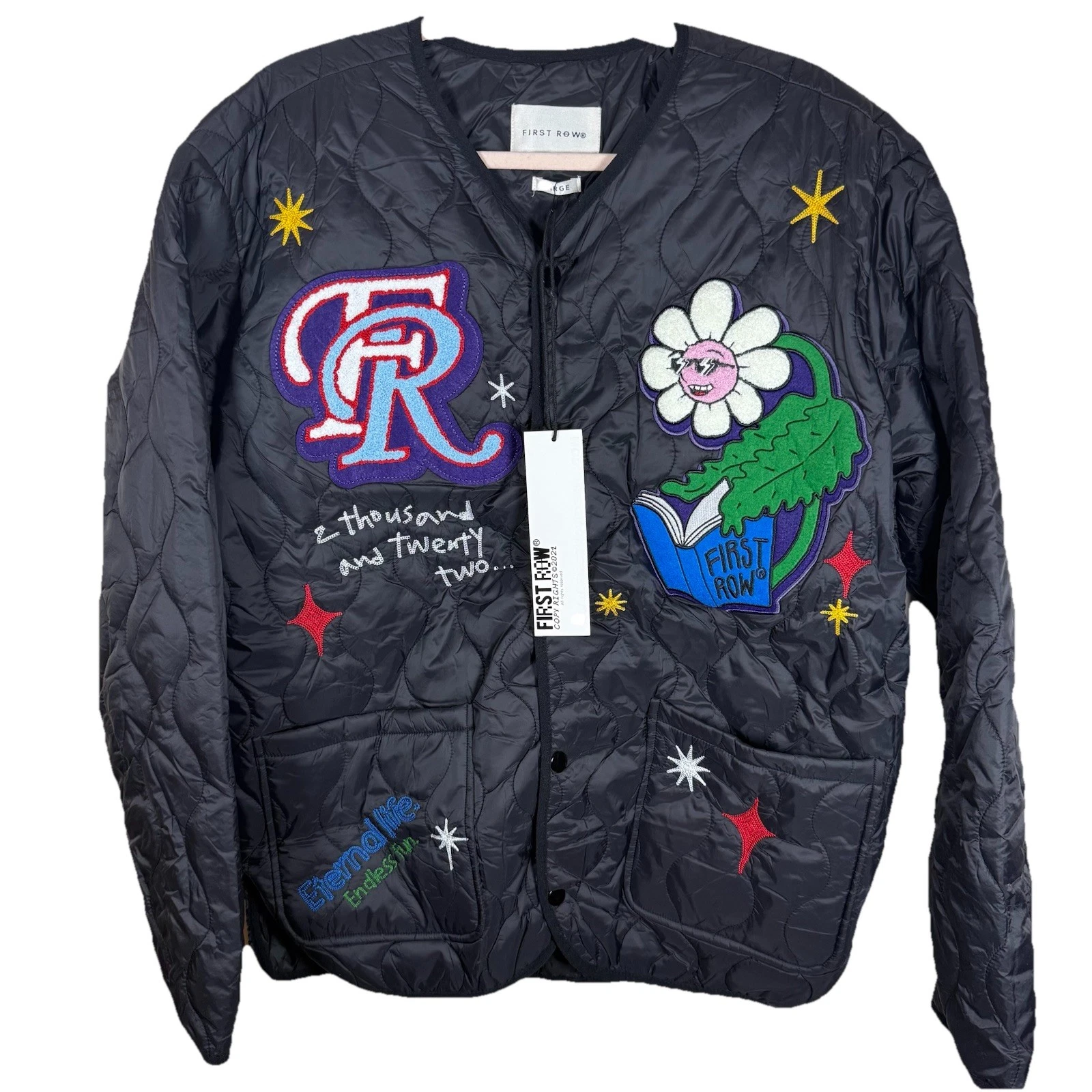 First Row Denim Sunshine Jacket black embroidery patchwork Size L NWT Rare