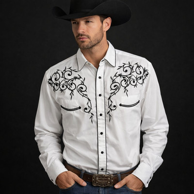 Western Express Embroidered Pearl Snap Shirt Mens Sz L White Black Scroll Stitch