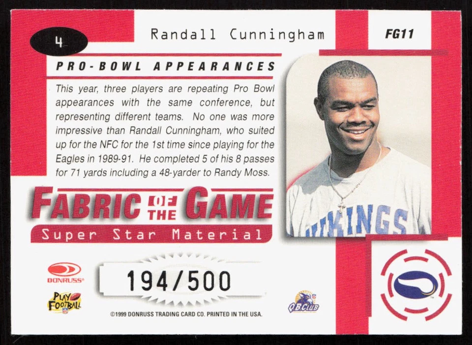 Randall Cunningham 1999 Leaf Certified Fabric of the Game #FG11 #/500 - Image 2 of 2