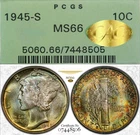 MS66 1945-S CAC Gold Mercury Silver Dime, PCGS Green Label Holder- Rainbow Toned