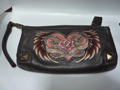 Isabella Fiore  LEATHER BROWN Embroidered Rose Zip Wallet Wristlet 9 X 5''