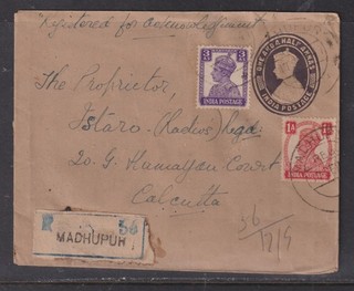 India 1947 1½a Cover Registered Madhuouh to Calcutta