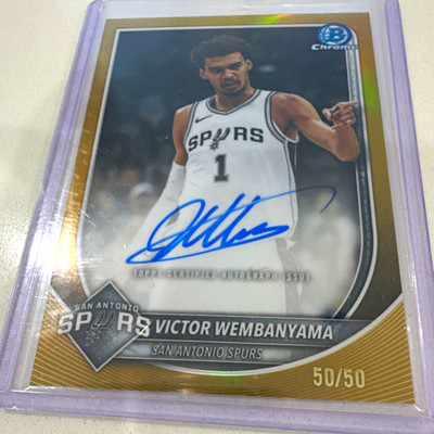 2025-26 Bowman Chrome True Gold On Card Auto Victor Wembanyama /50 Spurs Bookend