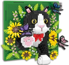 Flowers Tuxedo Cat Animal 3D Wall Art Micro Mini Building Blocks Set, Unique Hom