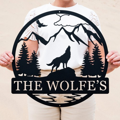 #ad Personalized Wolf Howling Metal Ranch Sign Custom Wolf Name Sign Farm Sign $60.59