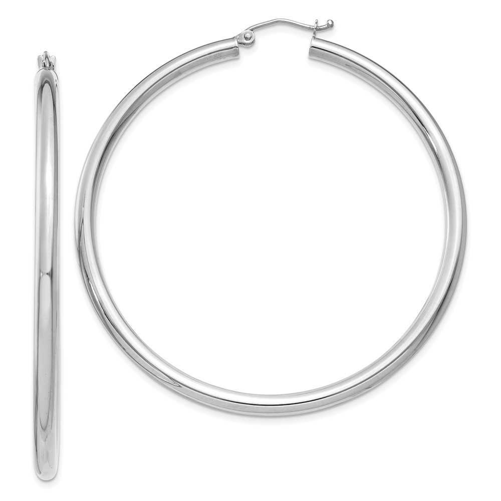 10K White Gold Polished 3mm Tube Hoop Earrings L-50 mm, W-55.16 mm 4.5gm