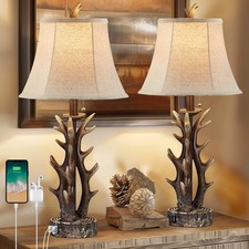 Antler Lamps Set of 2 - Rustic Cabin Table Lamps with Dual USB A/C  Pull Cha...