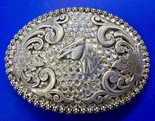 Horse Head Jeweled Rhinestone Silver Tone Berry Border Oval Nocona Belt Buckle
