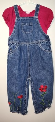 Vintage 2002 Gymboree Denim 2 Piece Set Overalls Flowers Size 18/24 Months EVC
