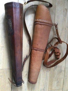 Archery equipment: two custom made brown leather longbow quivers