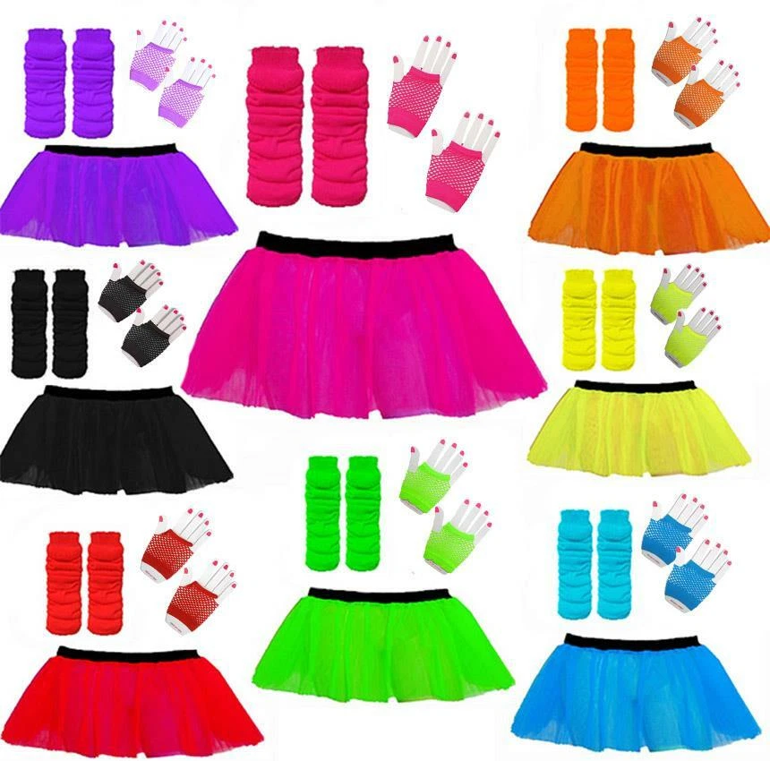 NEON TUTU SET ACCESSORIES 1980S SKIRT FANCY DRESS HEN PARTY OUTFIT COSTUME 80s