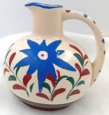 Nasco Hand painted Jug Pitcher Vase Handle Spout Blue White Red Japan Vintage