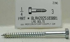1/4x3 HEX HEAD LAG BOLTS STEEL ZINC PLATED 25 