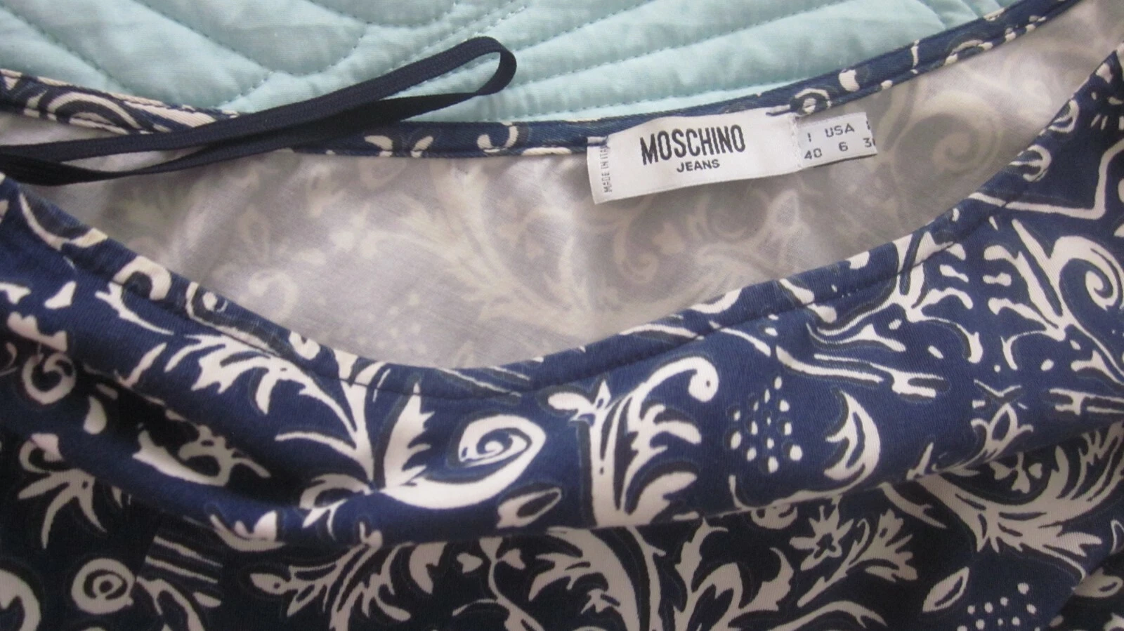 Abito MOSCHINO Jeans Denim Paisley blu navy monospalla asimmetrico USA 6 IT40