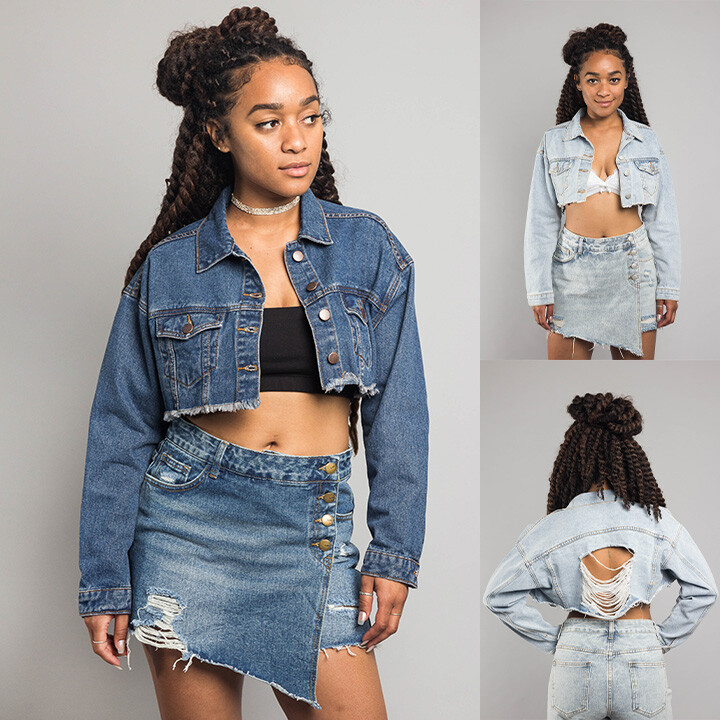 American Bazi Women's Casual Cropped Distressed Backless Denim Jacket  RJK8084