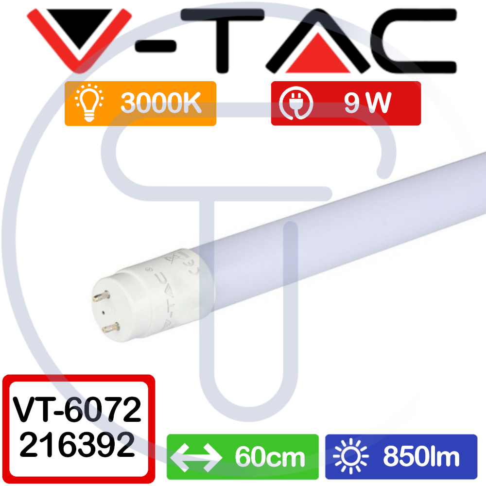 V-TAC VT-6072 6392 Tubo LED T8 10W G13 60cm Plastica Luce Calda 3000K Neon