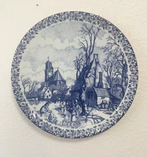 Delft Blue Delfts Blauw Wall Plate "De Winter" Windmill Farm Scene  11.5"