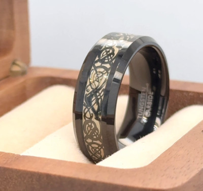 Black IP Tungsten Engraved Band 8MM Celtic Dragon Inlay Comfort Fit Ring