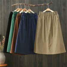 Donna Cargo Solido Gonna Elastico Vita Cotone Lino Tasca Retrò Casual Party