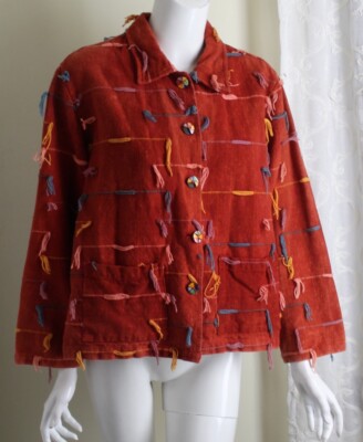 AS IS Anu Natural Sz L Red Southwest Art-to-Wear Funky 3D Tactile Ribbon Jacket