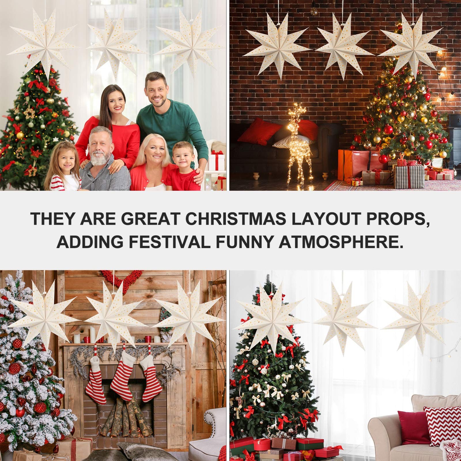 6 Pcs White, Red 9-Pointed Paper Star Lantern, Lampshade, Hanging, Christmas