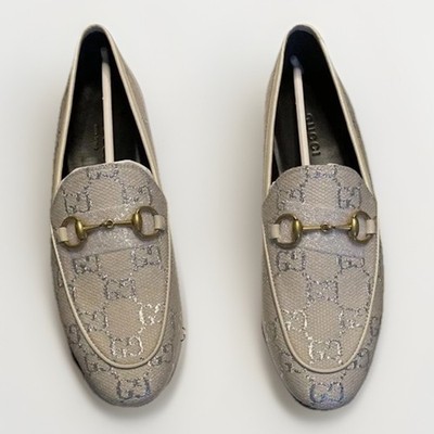 New Auth Gucci Jordaan Horsebit GG Supreme Monogram Canvas  Loafers G 34.5