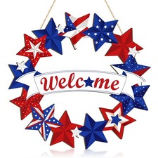 Wooden 4th of July Decoration Door Wreath for Front Door Sign Star Wall Signs...