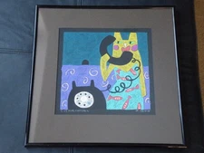 Vtg Framed Nancy Coffelt Original Print 16.25” Cat Call With Phone & Fish Apron
