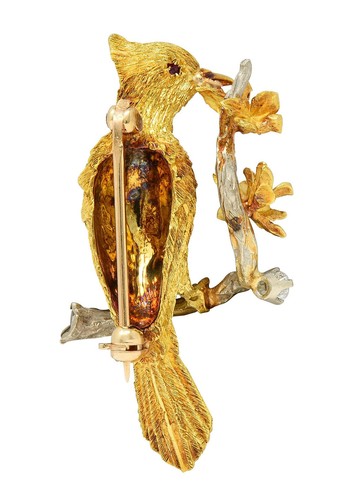 1960's Ruby Diamond 18 Karat Two-Tone Gold Vintage Bird on Branch Brooch - Picture 3 of 7