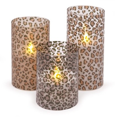 Mark Feldstein Wild Leopard Print Flameless LED Glass Pillar Candle Set w/Timer
