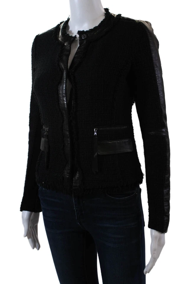 Chaqueta negra Rebecca Taylor para mujer de cuero texturizado con detalles de flecos talla 0 Foto 3 de 4