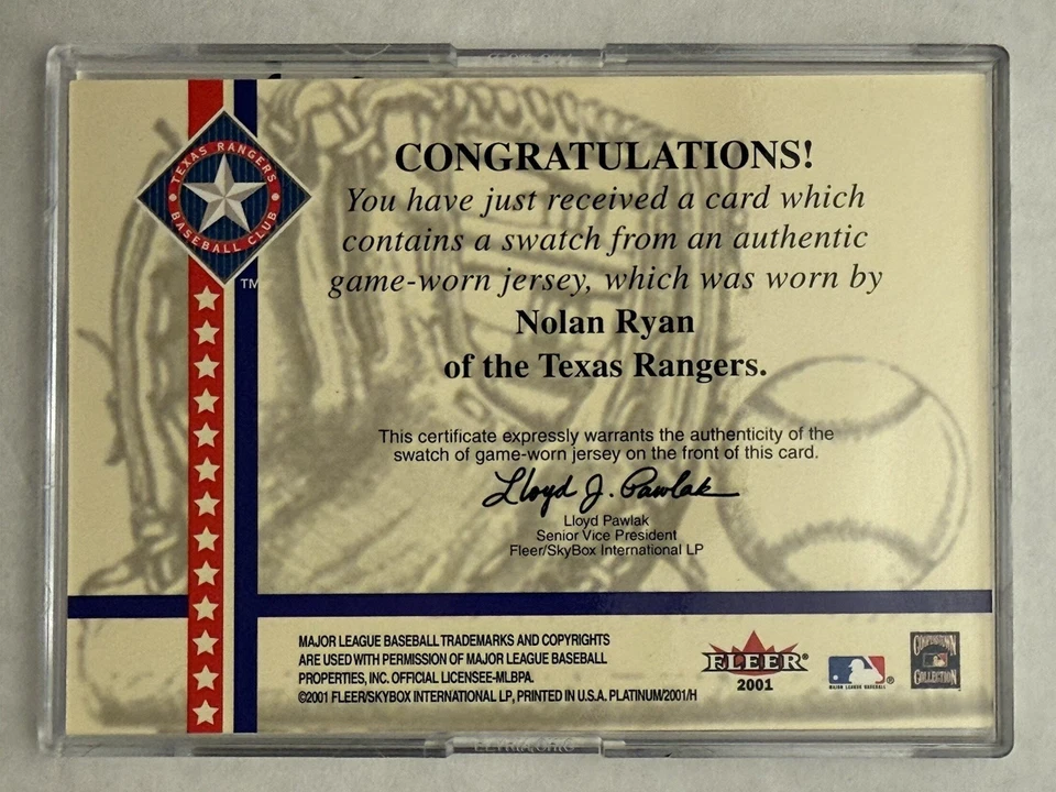 2001 Fleer Nolan Ryan National Patch Time Game Used Jersey Card - Image 2 of 2