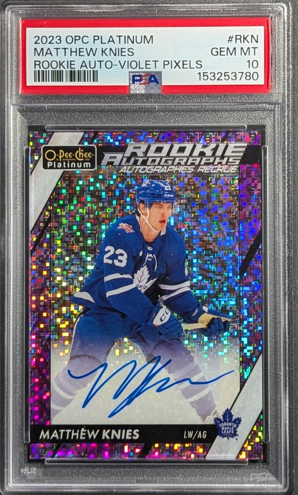 2023 O-PEE-CHEE OPC PLATINUM MATTHEW KNIES VIOLET PIXELS ROOKIE AUTO /99 PSA 10