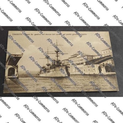 Postcard Taranto - Warship in the Middle of the Canal with Open Swivel Bridge