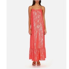 Michael Kors Coral Gold Foil Palm Leaf Chain Strap Maxi Dress Womens Pink Medium