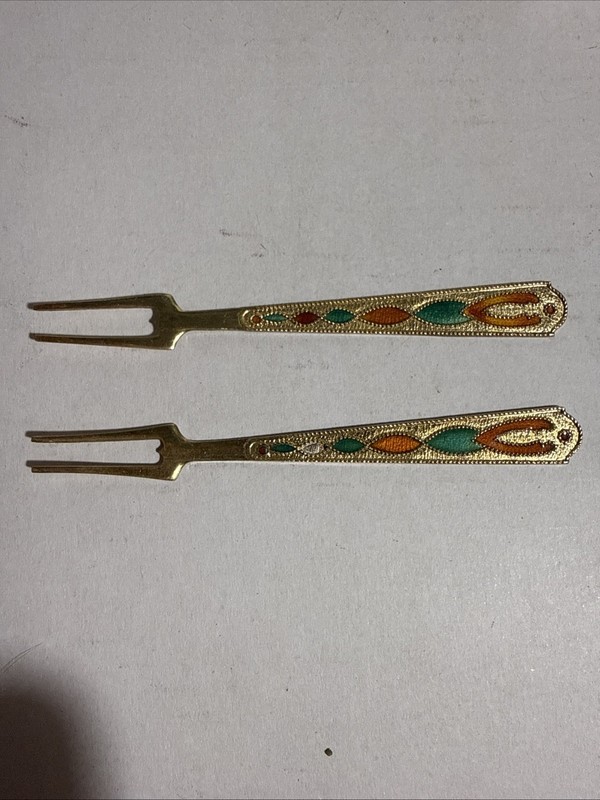 VINTAGE RUSSIAN 875 SILVER & ENAMEL LEMON/OLIVE/SEAFOOD FORKS