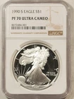 1990-S $1 PROOF AMERICAN SILVER EAGLE, 1 OZ .999 – NGC PF-70 ULTRA CAMEO