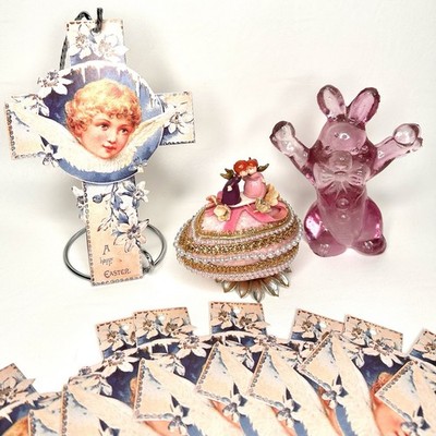 Vtg Easter Lot 10 Die Cut Easter Crosses, Beaded Pushpin Egg, Pink Glass Rabbit