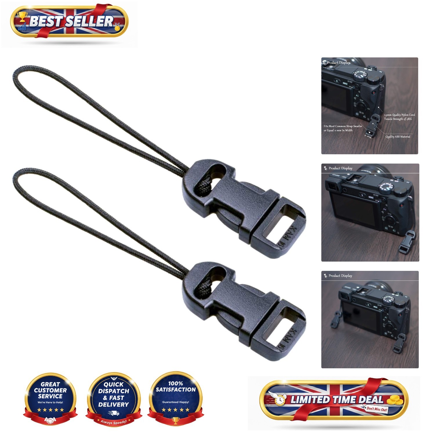 Secure Black Camera Strap Connectors - Quick Release Buckles for Easy Detachment