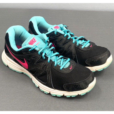 Nike Revolution 2 Running Shoes Womens Size 9 Black Blue Lace Up Comfort Sporty