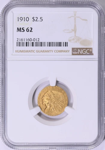 1910 INDIAN HEAD $2.5 QUARTER EAGLE GOLD NGC MS62