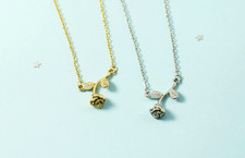 Flower Rose Bud Silver / Gold Pave Cubic Zirconia Pendant Chain Necklace