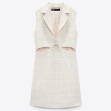 Zara Textured Cutout Mini Dress Ivory Tweed Blogger Favorite Collar XS NWT