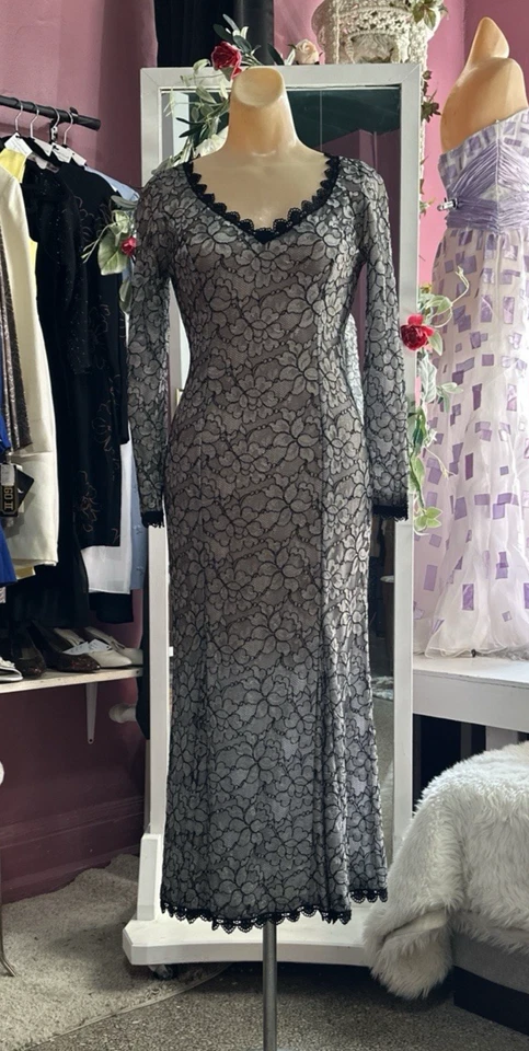 Maxi Vestido Midi Vintage Años 90 Plateado Negro Floral Encaje Semi Transparente Grunge Bruja S Foto 2 de 4