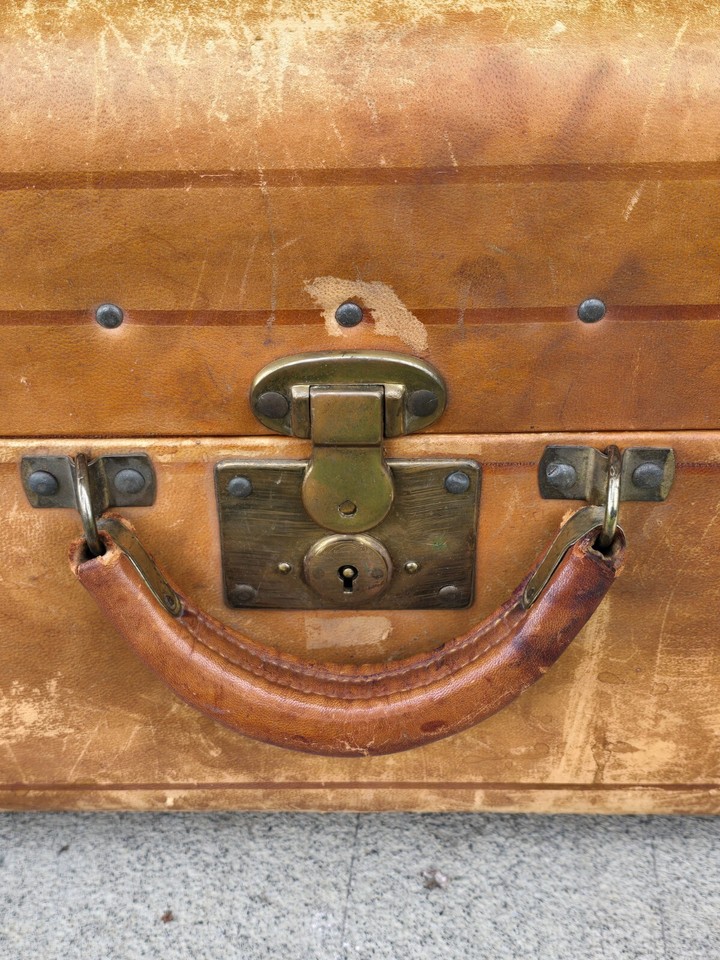 Antique Leather Covered Suitcase Trunk Train Case Geiser Baker City