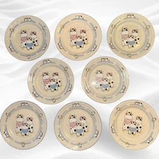 Tienshan - 7.5”  Salad Plate Set Of 8 Whimsical Cow Family, Hearts, Blue Ring