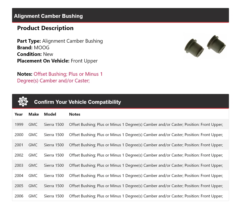 Buje de inclinación delantero superior MOOG 1999-2006 para GMC Sierra 1500 1999-2006 Foto 2 de 4